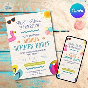Invitation à une fête d'été pour enfants – Modèle Canva (13 x 18 cm) + vidéo mobile animée | Invitation à une fête à la piscine et à des jeux aquatiques | Téléchargement numérique