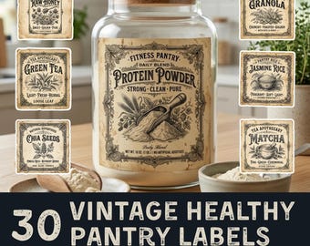 Vintage Pantry Labels Printable Set, Healthy Kitchen Apothecary Jar Labels, Spice & Food Storage Digital Download, Cottagecore Pantry Baking