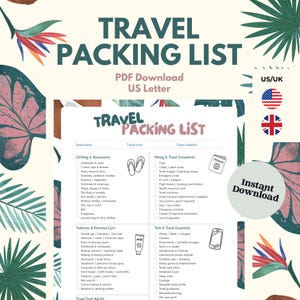 Könnte beinhalten: Eine druckbare Reise-Packliste mit tropischem Thema. Die Liste enthält Abschnitte für Kleidung, Toilettenartikel, Geld und technische Essentials. Die Worte "TRAVEL PACKING LIST" stehen oben. Enthält eine US/UK-Flaggen-Grafik und den Text "Instant Download".