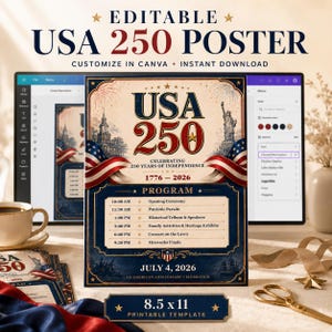 Editable USA 250 Canva Template, Patriotic Program Poster, Vintage Americana Event Sign, July 4th Printable, Independence Day Party Decor