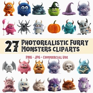 Paquete de 27 imágenes prediseñadas de monstruos peludos fotorrealistas • Lindos monstruos esponjosos en 3D PNG y JPG • Gráficos de dibujos animados de Halloween y cotidianos • Descargar