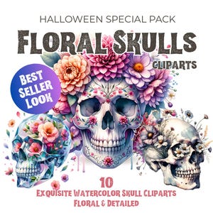 Floral Skull Clipart Set – 10 Watercolor Skulls PNGs with Flowers – Halloween Skull Graphics – Transparent Background – High-Res Digital Dow