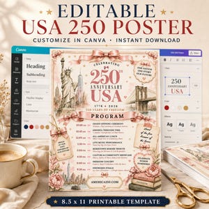 Editable USA 250 Program Template – Coquette Patriotic Canva Poster, July 4th Event Program, Printable Americana Celebration Sign