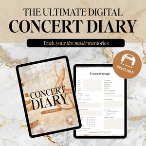 May include: Digital concert diary with the text "The Ultimate Digital Concert Diary" and "Track your live music memories". The diary features a printable concert recap page and a cover with musical notes and the text "Concert Diary Best Memories".