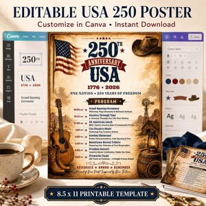 May include: An editable USA 250th Anniversary poster template. The design features a vintage aesthetic with an American flag, cowboy hat, guitar, and a program of events. The poster is 21.59 x 27.94 cm.