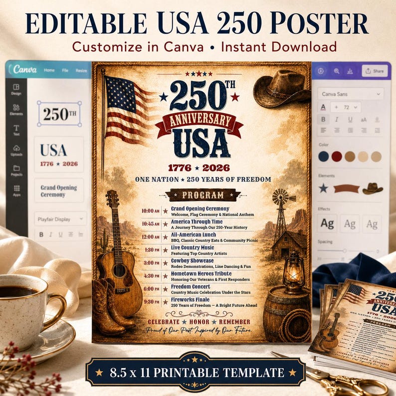 May include: An editable USA 250th Anniversary poster template. The design features a vintage aesthetic with an American flag, cowboy hat, guitar, and a program of events. The poster is 21.59 x 27.94 cm.