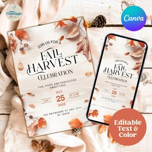 Könnte beinhalten: Eine Einladung zur Herbsterntefeier mit rustikalem Design. Die Einladung enthält den Text "Join us for a Fail Harvest Celebration" mit Herbstblättern und dem Datum 25. Oktober 2025. Das Design wird auch auf einem Smartphone angezeigt.