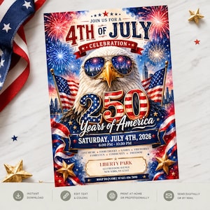 Può includere: Un invito patriottico per una celebrazione del 4 luglio. Il design presenta un'aquila con occhiali da sole con un riflesso dello skyline, fuochi d'artificio e bandiere americane. Il testo recita "4th of July Celebration" e "250 Years of America".