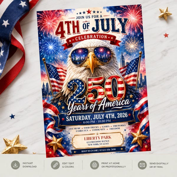4th of July Invitation Template | USA 250 Celebration Invite | Editable Canva Template | Patriotic Party Flyer | Instant Download