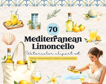 Watercolor Summer Clipart Bundle, Mediterranean Limoncello, 70 Coastal Cliparts PNG, Blue White Tile Aesthetic, Commercial Use