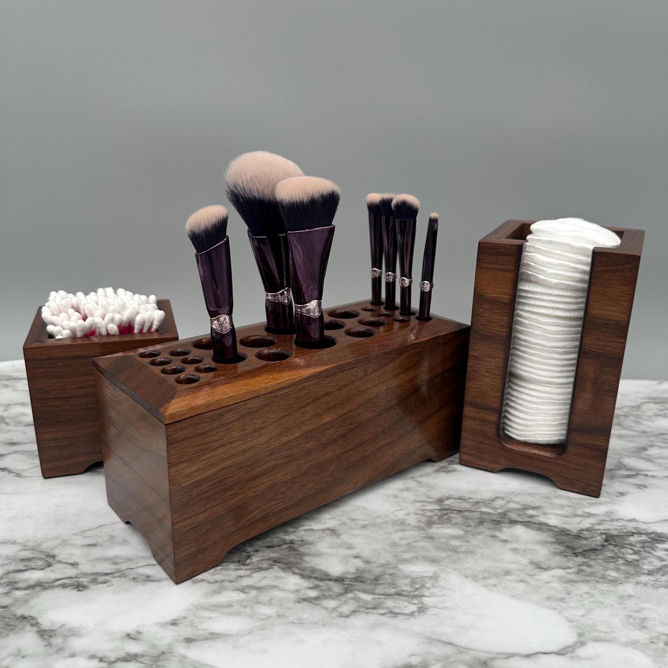 Solid Walnut Makeup Brush Holder Box, Handcrafted Wood Vanity Organizer, Luxury Cosmetic Display, Artist Paint Brush Stand, Unique Gift