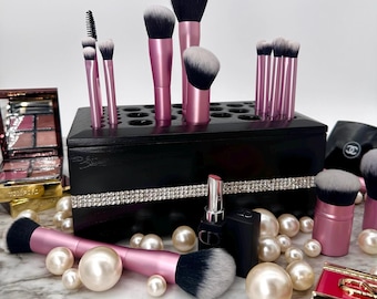 Black Makeup Brush Holder Box, Sparkle Wood Vanity Organizer, Luxury Cosmetic Storage, Black Oak Artist Paint Brush Stand, Glam Decor