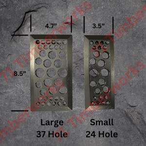May include: Two metal plates with different sized holes. The larger plate has 37 holes and measures 8.5 inches by 4.7 inches. The smaller plate has 24 holes and measures 3.5 inches by 4.7 inches.