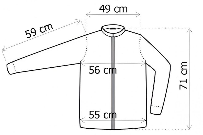 Peut inclure: Dessin au trait d'une veste avec mesures. La longueur des manches de la veste est de 59 cm, la poitrine mesure 56 cm, la taille 55 cm, la largeur des &eacute;paules 49 cm et la longueur de la veste 71 cm.