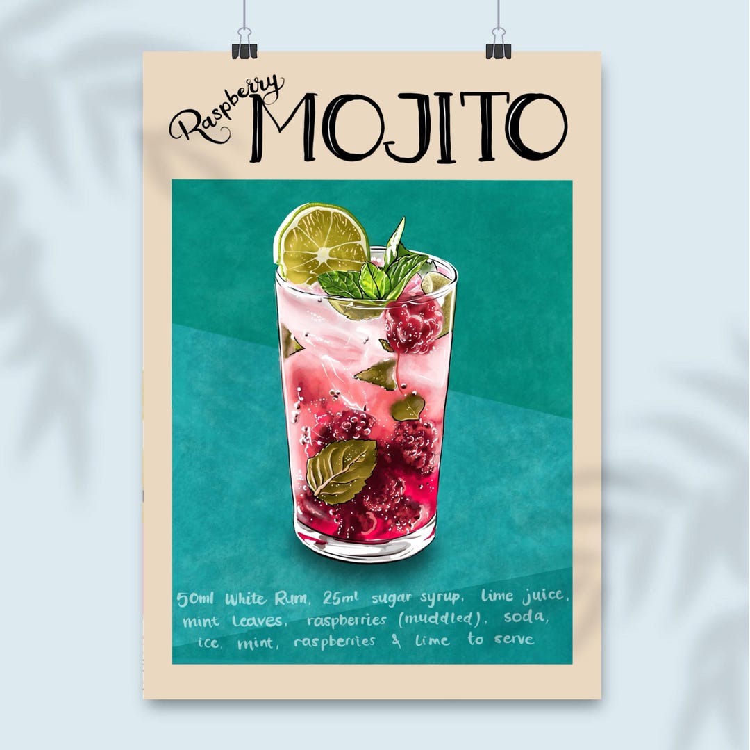 Line Drawing Raspberry Mojito Raspberry Mojito Retro Cocktail Poster, Digital Art Print, Wall Art ...