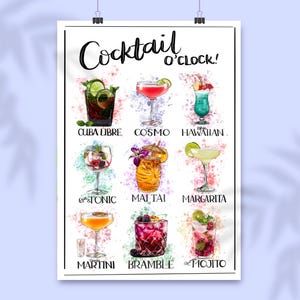 May include: A white poster with the text "Cocktail o'clock!" at the top. The poster features nine different cocktails, each with a colorful watercolor background and the name of the cocktail written below. The cocktails include Cuba Libre, Cosmo, Blue Hawaiian, Gin & Tonic, Mai Tai, Margarita, Martini, Bramble, and Mojito.