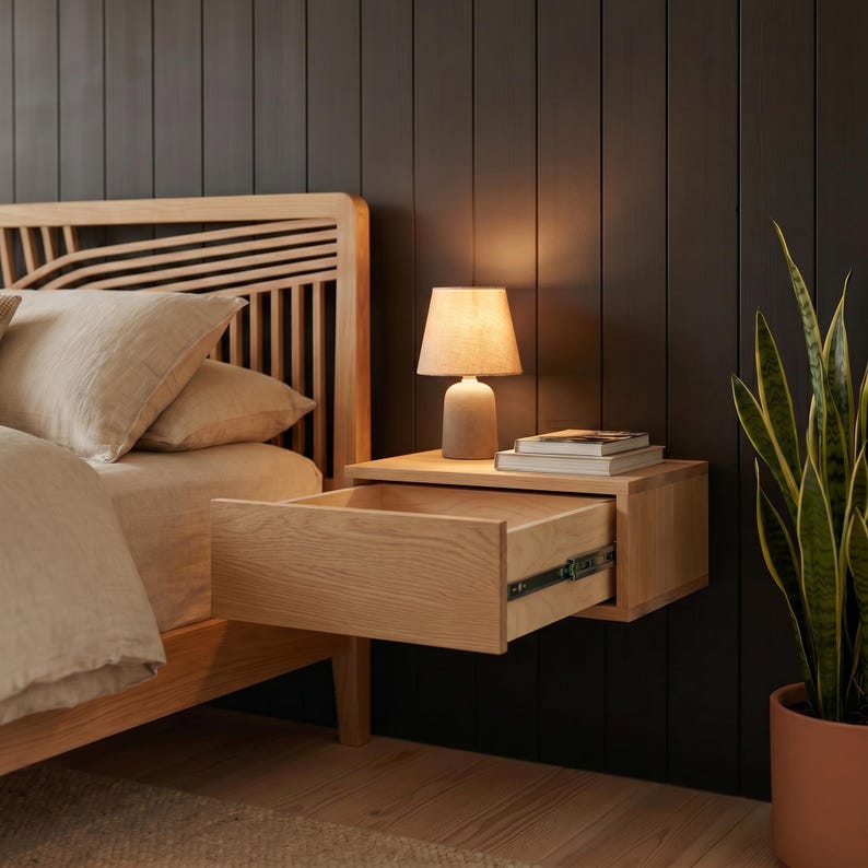 May include: A light-colored wooden floating nightstand with an open drawer featuring visible metal glides. A small lamp with a beige shade and a cylindrical base sits on top of the nightstand next to a stack of two books.