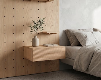 Floating Nightstand Fukushima, Wall Mounted Oak Bedside Table, Minimalist Wooden Nightstand, Modern Japandi Furniture