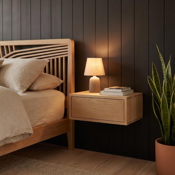Floating Nightstand Nagoja, Oak Wall Mounted Bedside Table, Minimalist Bedside Cabinet, Japandi Bedroom Furniture