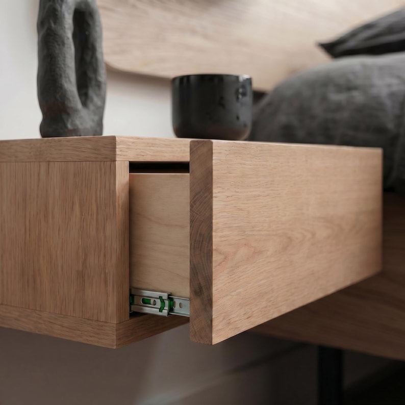 Floating Nightstand Sendai, Wall Mounted Oak Bedside Table with Soft Close Drawer, Minimalist Wooden Nightstand, Japandi Bedroom Furniture image 5
