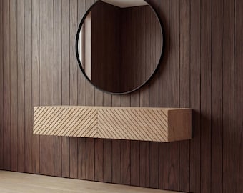 Consola flotante Aomori de roble macizo con cajones, mueble minimalista para recibidor.