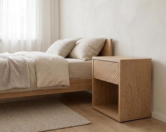 Oak Bedside Table Saitama, Solid Wood Nightstand with Drawer, Minimalist Bedroom Furniture