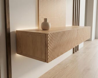 Consola flotante Aomori de roble macizo con cajones, mueble minimalista para recibidor.