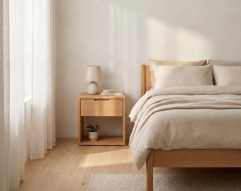 Oak Bedside Table Niigata, Solid Wood Nightstand with Drawer, Minimalist Bedroom Furniture