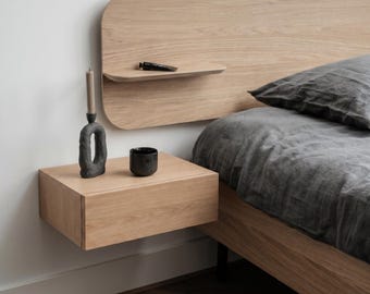 Floating Nightstand Sendai, Wall Mounted Oak Bedside Table with Drawer, Minimalist Wooden Nightstand