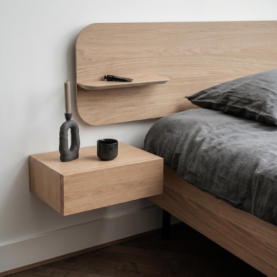 Floating Nightstand Sendai, Wall Mounted Oak Bedside Table with Drawer, Minimalist Wooden Nightstand