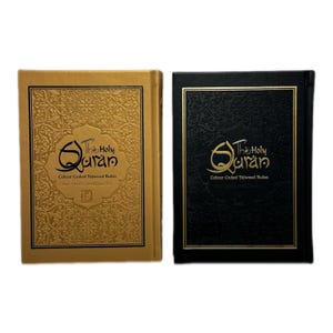 May include: Two hardback copies of The Holy Quran with colour-coded Tajweed rules. One copy has a gold cover and the other has a black cover.