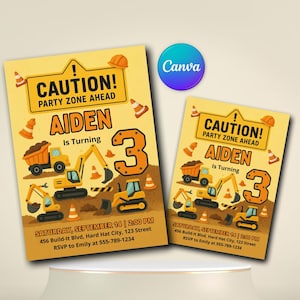 Può includere: Due inviti per feste di compleanno a tema costruzione. Gli inviti presentano uno sfondo giallo con illustrazioni di veicoli da costruzione, coni stradali e la scritta "CAUTION! PARTY ZONE AHEAD". Gli inviti sono per il 3° compleanno di Aiden.