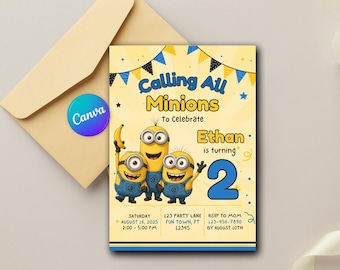 May include: A rectangular birthday invitation card featuring three yellow Minion characters in blue overalls. The text reads Calling All Minions To Celebrate Ethan is turning 2, with event details including Saturday August 16 2025, 123 Party Lane, and RSVP info.