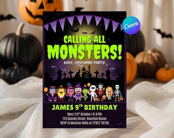 Halloween calling all monsters Costume Party Invitation | Calling All Monsters birthday invite| Kids Halloween Birthday Invite