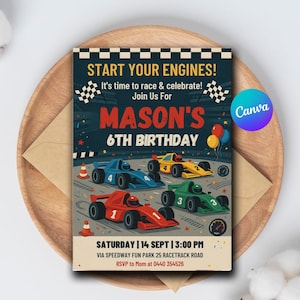 Race Car Birthday Invitation | Editable Racing Party Invite | Boys Birthday Digital Download | Car Themed Party | Checkered Flag Race Invite