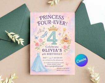 Princess 4th Birthday Invitation | Fairytale Castle, Editable (Digital Download)