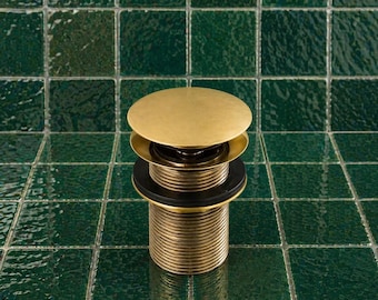 Tapón de desagüe de latón macizo con botón pulsador para lavabo – Tapón de lavabo sin ranuras, hecho a mano, para baño y cocina.