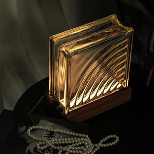 Handmade Glass Block Lamp: Teak Wood Base, Motion Sensor Table Light