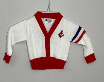 Vintage Babycrest Preppy Infant Baby Cardigan Anchor Red, White, Blue Strips 6-9M