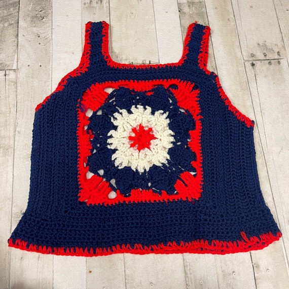 Vintage 60s 70s Crocheted Granny Square Tank Top - image 1