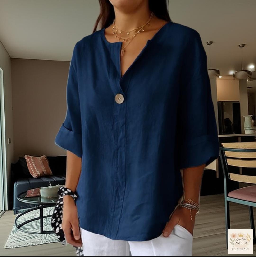 Boho Summer Blouse, Aesthetic Oversized Tunic Top, Autumn Women’s Cotton Linen Shirt, Loose Fit 3/4 Sleeve, V-Neck Shirt