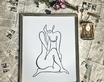 Abstract Feminine Line Art-Female Silhouette-Empowering - Female Body- Neutral Art- Female Figure-Inclusive-Nude Woman-B&W Print- Minimalism