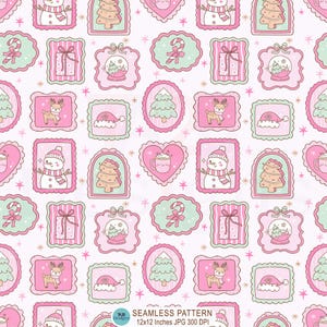 May include: A seamless digital pattern featuring repeating Christmas-themed icons in pink, mint green, and white. Elements include snowmen, reindeer, candy canes, gift boxes, snow globes, pine trees, and mugs, all framed in decorative shapes.