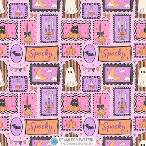 May include: A seamless pattern on a light pink background featuring repeating illustrations of ghosts, black cats in pumpkins, orange pumpkins, brooms, candelabras, crescent moons, bats, and orange rectangular labels with the text Spooky.