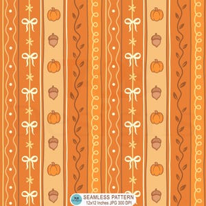 Coquette Fall Stripes Seamless Pattern Bow, Fall Pumpkin Seamless Pattern, Preppy Fall Digital Paper,  Autumn Fall Pattern JPG Download File
