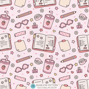 May include: A seamless pattern with pink and white illustrations of notebooks, pencils, heart-shaped sunglasses, strawberry drinks, and floral and star accents. The design includes a repeating pattern of stationery and accessories.
