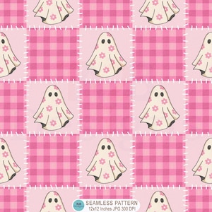 Rosa Halloween-spökelapptäcke sömlöst mönster, sömlös fil med ginghamspöke, spökmönstertyg, digitalt papper för Halloween-klippbok, JPG