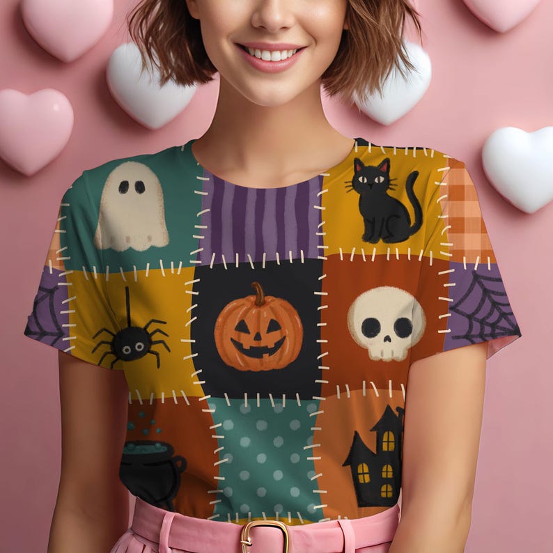Op de afbeelding: Een t-shirt met korte mouwen en een patchwork-stijl print met diverse Halloween-iconen, waaronder een geest, een zwarte kat, een spin, een pompoen, een schedel, een ketel en een spookhuis, gescheiden door witte stiksel-achtige lijnen.