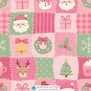 May include: A seamless digital pattern featuring a patchwork quilt design with alternating squares of pink, green, and white. The squares contain illustrations of Santa Claus, reindeer, Christmas trees, wreaths, bells, gifts, and snowflakes.