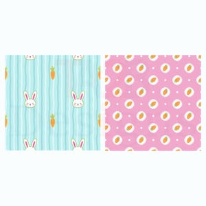 May include: Two seamless patterns featuring cartoon bunnies and carrots. One pattern has a light blue background with vertical wavy stripes and bunny faces with carrots. The other pattern has a pink background with carrots in white lace circles.